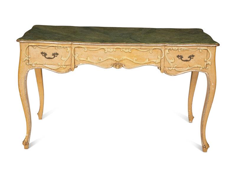 An Italian Painted and Parcel Gilt Writing Table with Faux Marble Top: An Italian Painted and Parcel Gilt Writing Table with Faux Marble Top 20th Century Height 31 x width 53 1/2 x depth 27 3/4 inches.