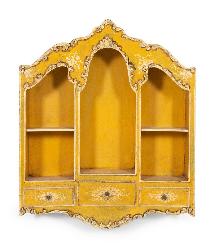 An Italian Painted Hanging Wall Display Cabinet: An Italian Painted Hanging Wall Display Cabinet 19th Century Height 30 x width 25 x depth 6 inches.
