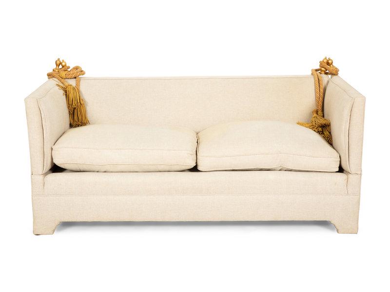 A Knole Natural Linen Upholstered Sofa: A Knole Natural Linen Upholstered Sofa 20th Century Height 28 3/4 x width 66 1/2 x depth 30 inches.