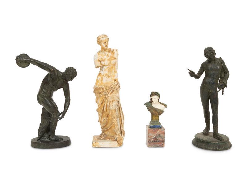 Four Grand Tour Style Figures: Four Grand Tour Style Figures 19th/20th Century comprising a bronze Discobolus model; a plaster cast of Venus de Milo; a bronze, bone and marble veneered bust titled La Pensee;