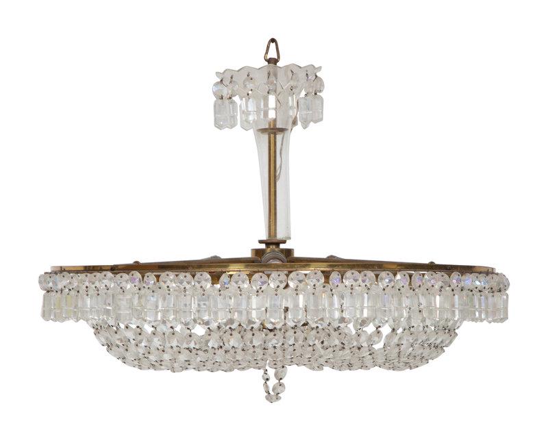 An Empire Style Brass and Glass-Beaded Pendant Chandelier: An Empire Style Brass and Glass-Beaded Pendant Chandelier 20th Century Height 22 1/2 x diameter 24 1/2 inches. Property from the Estate of Hermé de Wyman Miro, Palm Beach, Florida <