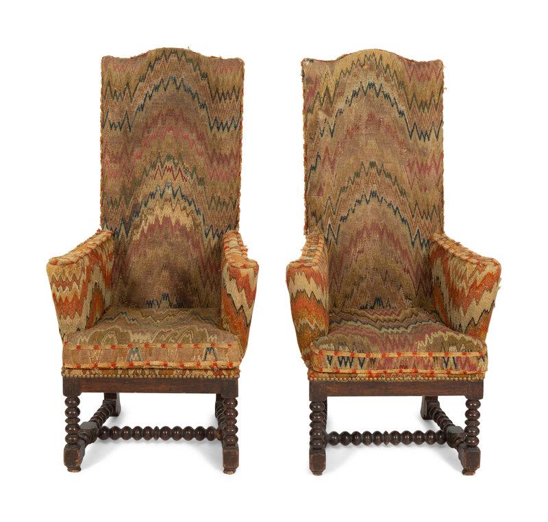 A Pair of Jacobean Style High Back Armchairs: A Pair of Jacobean Style High Back Armchairs with flame stitch upholstery on burlap. Height 44 x width 23 x depth 25 inches. Condition Seat height 15 inches.