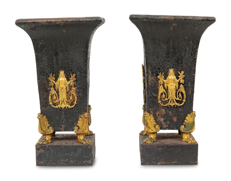 A Pair of Regency Gilt Metal Mounted Tole Vases: A Pair of Regency Gilt Metal Mounted Tole Vases 19th Century Height 12 1/2 inches. Property of a Palm Beach Collector Condition These vases have serious loss of black paint b