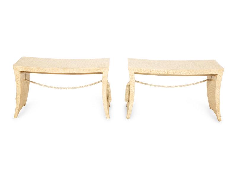 A Pair of Tassle Benches by Thomas Pheasant for Baker Furniture: A Pair of Tassle Benches by Thomas Pheasant for Baker Furniture with ivory crackle lacquer finish.Height 16 x width 22 x depth 14 inches.