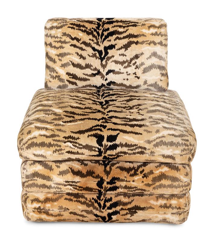A Contemporary Custom Upholstered Slipper Chair: A Contemporary Custom Upholstered Slipper Chair 20th Century with tiger print velvet upholstery. Height 30 1/3 x width 29 1/2 x depth 27 inches. Property of a Palm Beach Collector