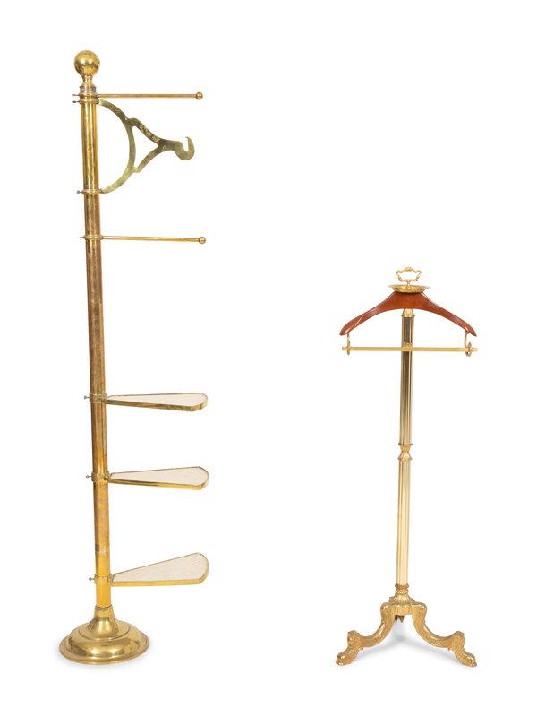 A Brass and Wood Valet Stand and a Brass Garment and Shoe Stand: A Brass and Wood Valet Stand and a Brass Garment and Shoe Stand 20th Century Valet stand, height 50 x width 17 inches.
