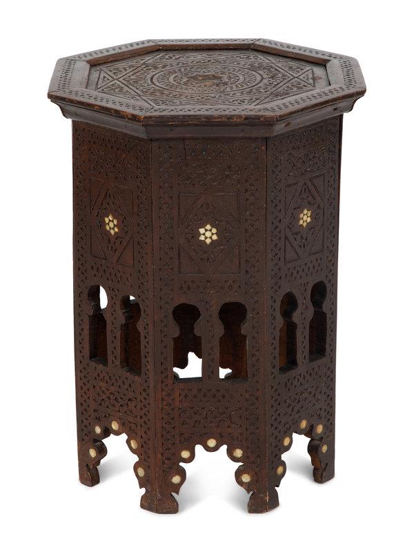 A Moroccan Bone Inlaid Walnut Hexagonal Side Table: A Moroccan Bone Inlaid Walnut Hexagonal Side Table 19th/20th Century Height 18 1/2 x diameter 14 1/4 inches. Property of a Palm Beach Collector