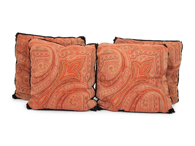 Four Paisley Covered Pillows with Black Braid Trim: Four Paisley Covered Pillows with Black Braid Trim Early 20th Century 21 3/4 x 23 inches. Property of a Palm Beach Collector