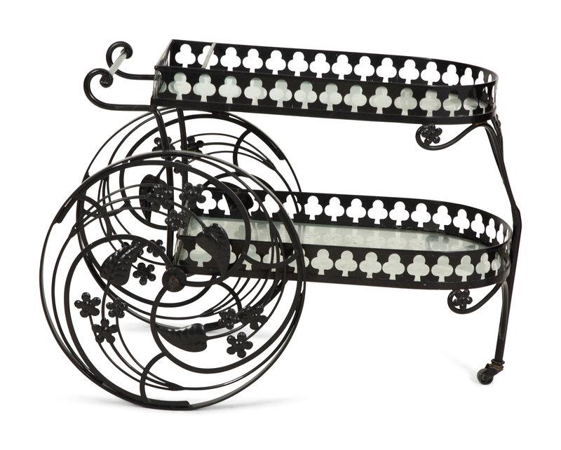 A Salterini Palm Springs Pattern Iron Bar Cart: A Salterini Palm Springs Pattern Iron Bar Cart Mid-20th Century Height 31 1/2 x width 39 x depth 26 1/2 inches.