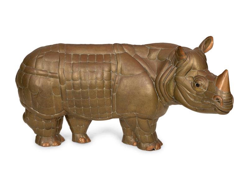 Sergio Bustamante (Mexican, b. 1949) Rhinoceros: Sergio Bustamante (Mexican, b. 1949) Rhinoceros brass 31 x 56 x 20 inches. Property of a Palm Beach Collector Size 31 x 56 x 20 inches.