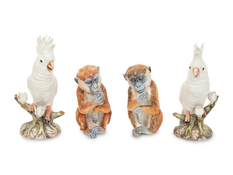 Two Pairs of Italian Cermaic Animal Figures: Two Pairs of Italian Cermaic Animal Figures 20th Centiury comprising a pair of cockatoos and a pair of monkeys; each signed Ronzan/Made in Italy to the underside. Height of first 16 1/2 inches.<