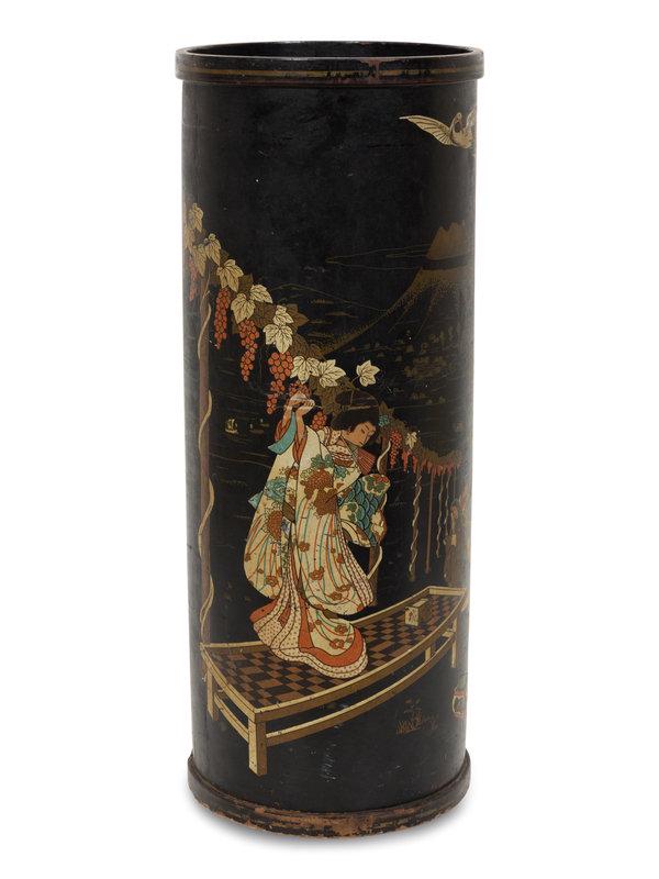 A Japanese Black and Polychrome Lacquer Umbrella Jar: A Japanese Black and Polychrome Lacquer Umbrella Jar Early 20th Century Height 33 1/4 inches. Property of a Palm Beach Collector