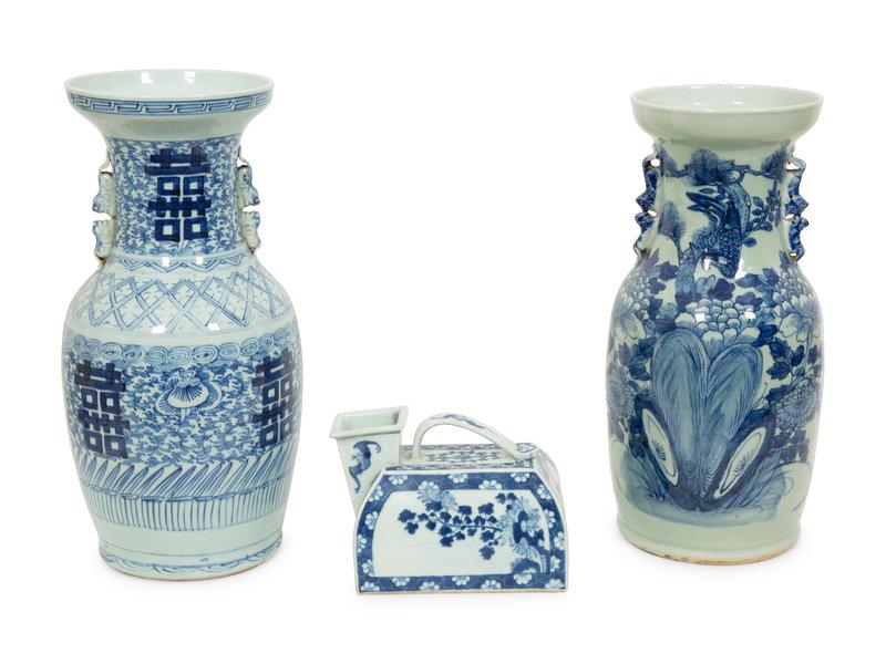 Three Chinese Blue and Celadon Porcelain Articles: Three Chinese Blue and Celadon Porcelain Articles 20th Century comprising two vases and a hot water vessel.Height of tallest example 17 1/2 inches.