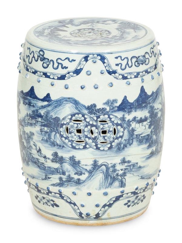 A Chinese Blue and White Porcelain Garden Seat: A Chinese Blue and White Porcelain Garden Seat 20th Century Height 18 1/4 inches.