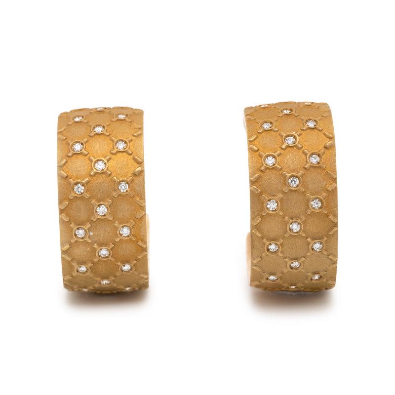 ESCADA, YELLOW GOLD AND DIAMOND HOOP EARRINGS: ESCADA, YELLOW GOLD AND DIAMOND HOOP EARRINGS In a quilted design, containing 52 round brilliant cut diamonds weighing approximately 0.40 carat total, posts with clip backs. 1 inch long.Stamp: 750 0EQ