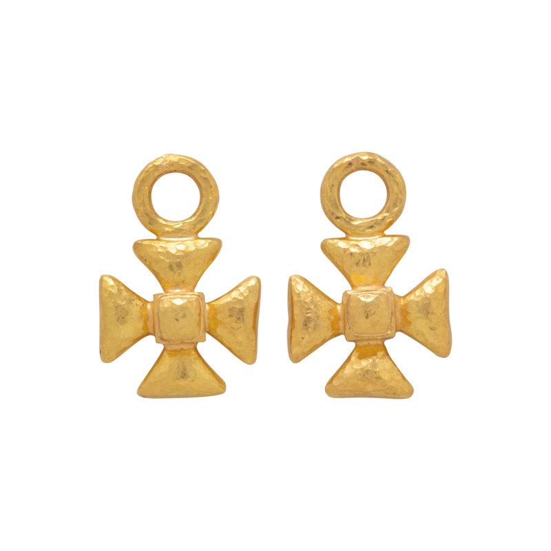 ELIZABETH LOCKE, PAIR OF YELLOW GOLD MALTESE CROSS PENDANTS: ELIZABETH LOCKE, PAIR OF YELLOW GOLD MALTESE CROSS PENDANTS In a hammered gold finish. 3/4 inch long. Stamp: 19K (obscured maker's mark). Gross weight: 3.80 dwt. This lot is