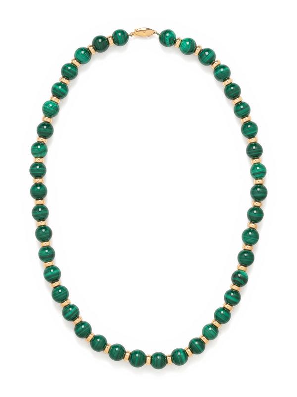 MALACHITE BEAD NECKLACE: MALACHITE BEAD NECKLACE Consisting of malachite beads measuring approximately 12.00 in diameter, strung with yellow gold spacers and clasp. 24 inches long. Stamp: 14K.Gross weight: 95.05 dwt.&nbs