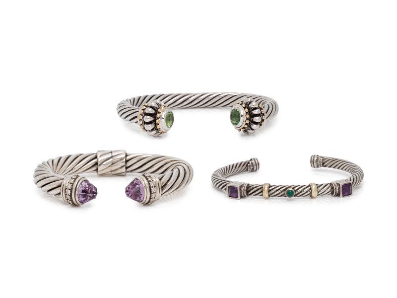 DAVID YURMAN, COLLECTION OF STERLING SILVER AND GEMSTONE CUFF BRACELETS: DAVID YURMAN, COLLECTION OF STERLING SILVER AND GEMSTONE CUFF BRACELETS Consisting of a bracelet containing two rose cut amethyst and 16 round brilliant cut diamonds weighing approximately 0.50 carat 