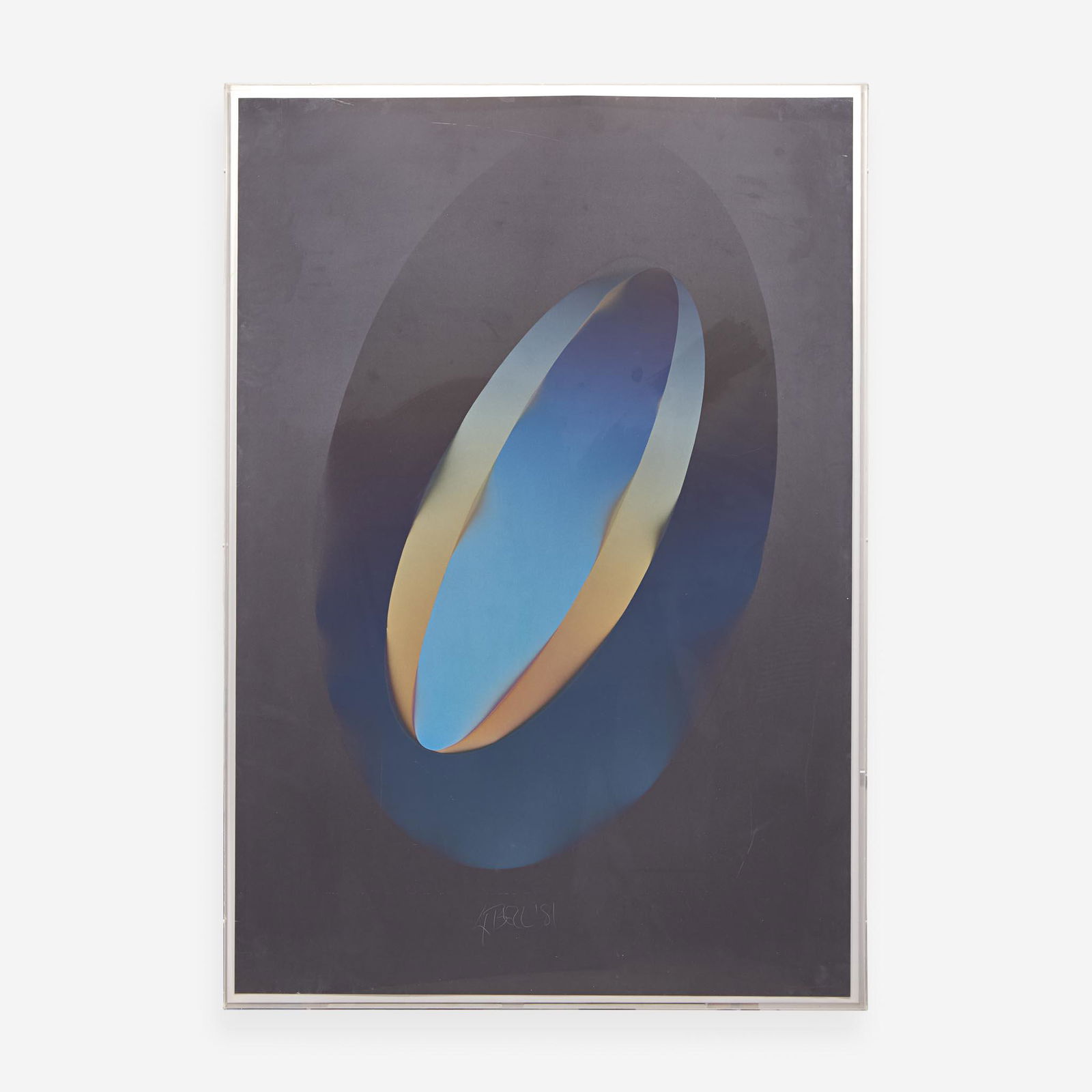 Larry Bell (American, b. 1939) ELBK 12 (Ellipse on black) from Vapor Drawings Series: Larry Bell (American, b. 1939) ELBK 12 (Ellipse on black) from Vapor Drawings Series Signed and dated 81 bottom center, titled on frame verso, aluminum and silicon monoxide on black Arches. (53 x 35 3