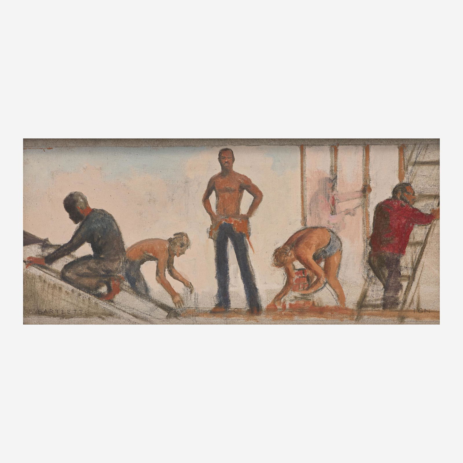 Bo Bartlett (American, b. 1955) Study for Phoenix House Board Room Mural, New York: Bo Bartlett (American, b. 1955) Study for Phoenix House Board Room Mural, New York Signed bottom left and with the artist's mark 'IGN' bottom right, oil on canvas. (10 x 22 in. (25.4 x 55.9cm)) Proven