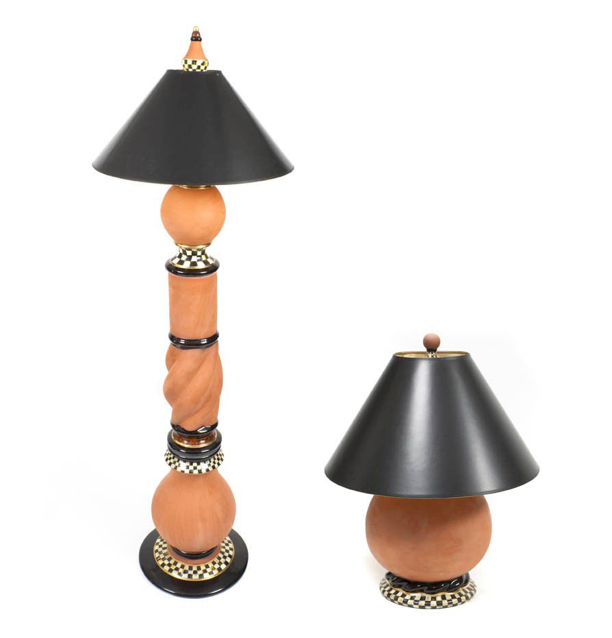 A McKenzie & Childs Painted Earthenware Floor Lamp,: A McKenzie & Childs Painted Earthenware Floor Lamp, of columnar form with checkered painted accents ending in a baluster form base, raised on a circular foot, together with a matching table lamp of sp
