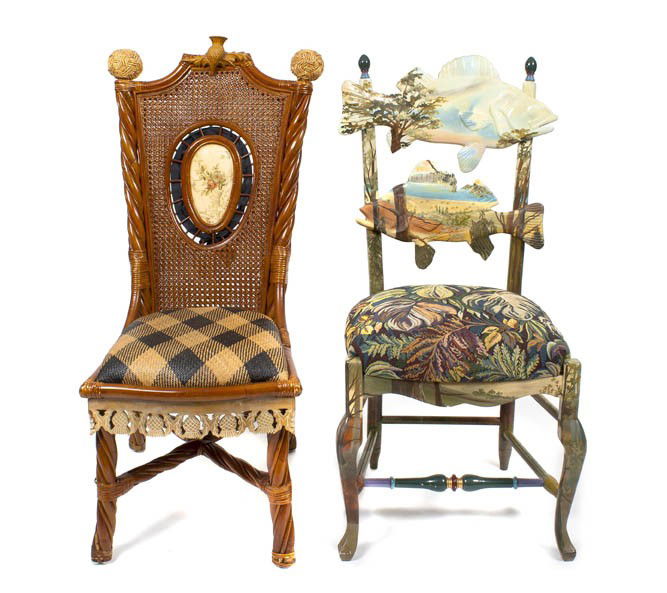 Two McKenzie & Childs Side Chairs, Height 42 inches: Two McKenzie & Childs Side Chairs, the first painted green with landscape decoration throughout and two carved fish backsplats over the floral upholstered seat, the second painted brown having a shape