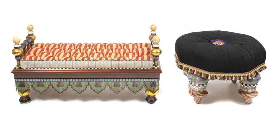 A McKenzie & Childs Mahogany Window Seat, Width 51: A McKenzie & Childs Mahogany Window Seat, of rectangular form with spindled and faux bamboo sides with spherical finials, with a button tufted upholstered cushion, over the tartan style frieze above a