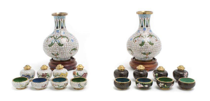 A Collection of Chinese Cloisonne Articles, Height: A Collection of Chinese Cloisonne Articles, comprising a pair of bulbous form vases raised on hardwood stands, together with eight salt cellars and eight casters each with scrolling foliate decoration