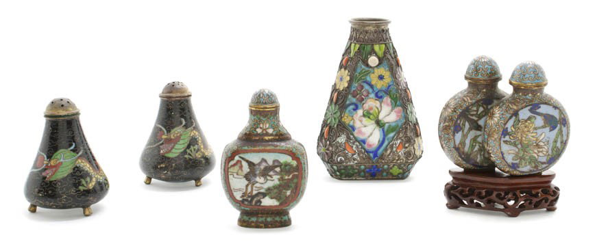 A Collection of Chinese Cloisonne Snuff Bottles, H: A Collection of Chinese Cloisonne Snuff Bottles, comprised of a double snuff bottle of circular form with roundels of floral scenes, one cloisonne flask form bottle with a scene of a crane, together w