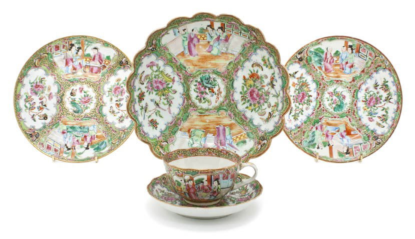 A Collection of Four Rose Medallion Table Articles: A Collection of Four Rose Medallion Table Articles, comprising two plates, a tea cup with saucer, and a lobed charger. Diameter of plate 7 3/4 inches.