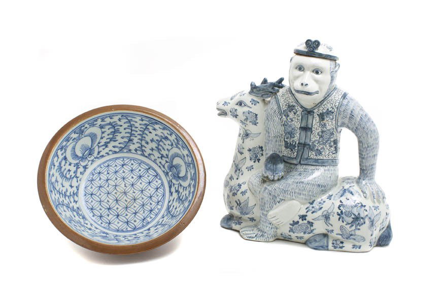 A Chinese Porcelain Covered Pitcher, Height of fir: A Chinese Porcelain Covered Pitcher, depicting a monkey riding a horse, having blue and white decoration throughout, together with a Chinese porcelain bowl, having blue and white peony decoration and