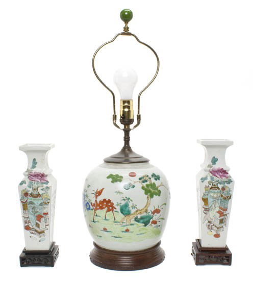 An Assembled Collection of Chinese Porcelain, Heig: An Assembled Collection of Chinese Porcelain, comprising two vases of squared baluster form having polychrome decoration depicting a vase with flowers, each having painted character marks, together wi