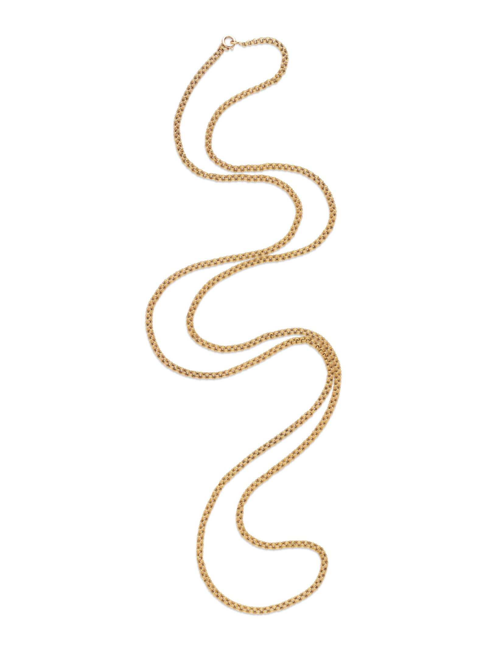 RUSSIAN, ANTIQUE, YELLOW GOLD LONGCHAIN: RUSSIAN, ANTIQUE, YELLOW GOLD LONGCHAIN Consisting of a fancy cable link chain measuring approximately 5.00 mm wide. 60 1/2 inches long. Clasp stamp: (Russian hallmarks). Gross weight: 30.80 dwt. Prop