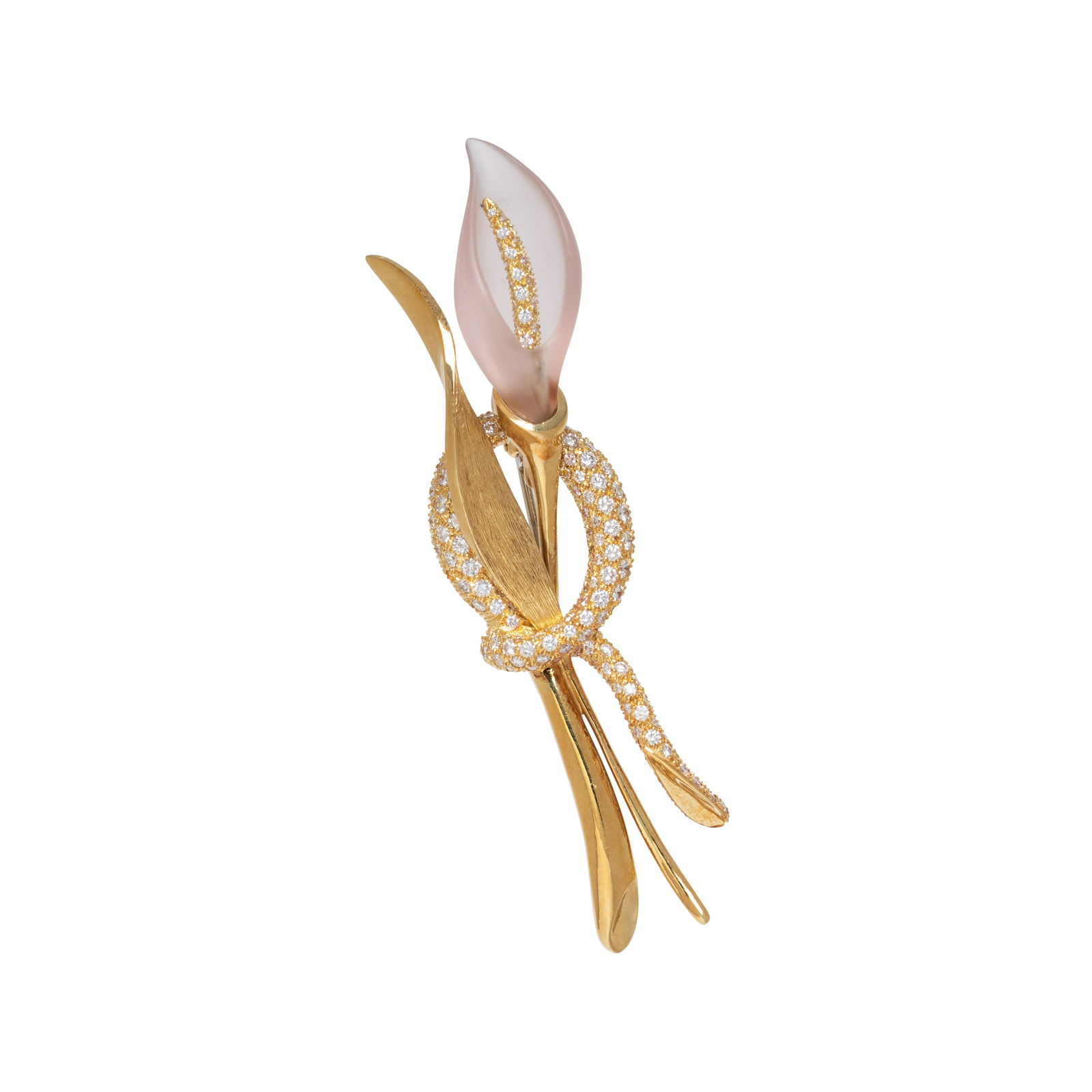 HENRY DUNAY, CARVED ROSE QUARTZ AND DIAMOND CALLA LILY BROOCH (1 of 2)