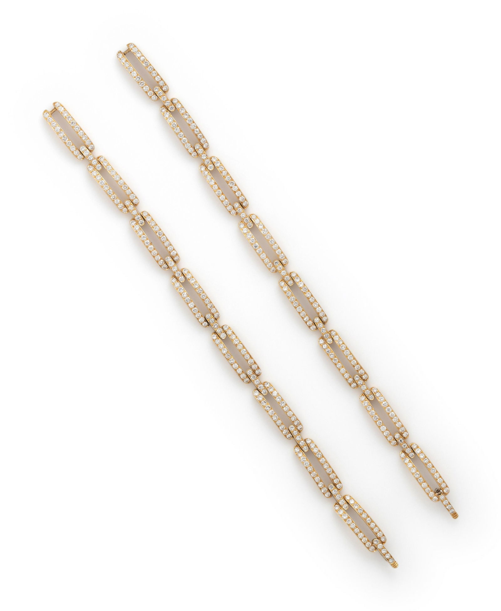 DAVID WEBB, YELLOW GOLD AND DIAMOND CONVERTIBLE NECKLACE/BRACELETS: DAVID WEBB, YELLOW GOLD AND DIAMOND CONVERTIBLE NECKLACE/BRACELETS Consisting of two rectangular link bracelets containing 400 round brilliant cut diamonds weighing approximately 9.60 carats total, wh