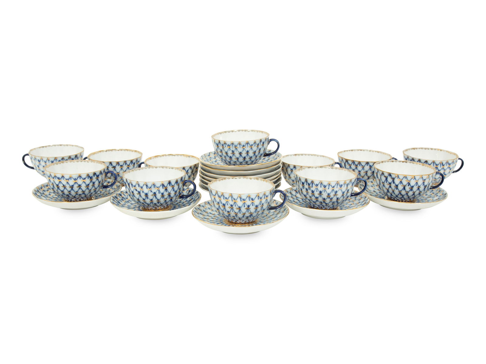 A Set of Twelve Lomonosov Cobalt Net Porcelain Teacups and Saucers (1 of 5)