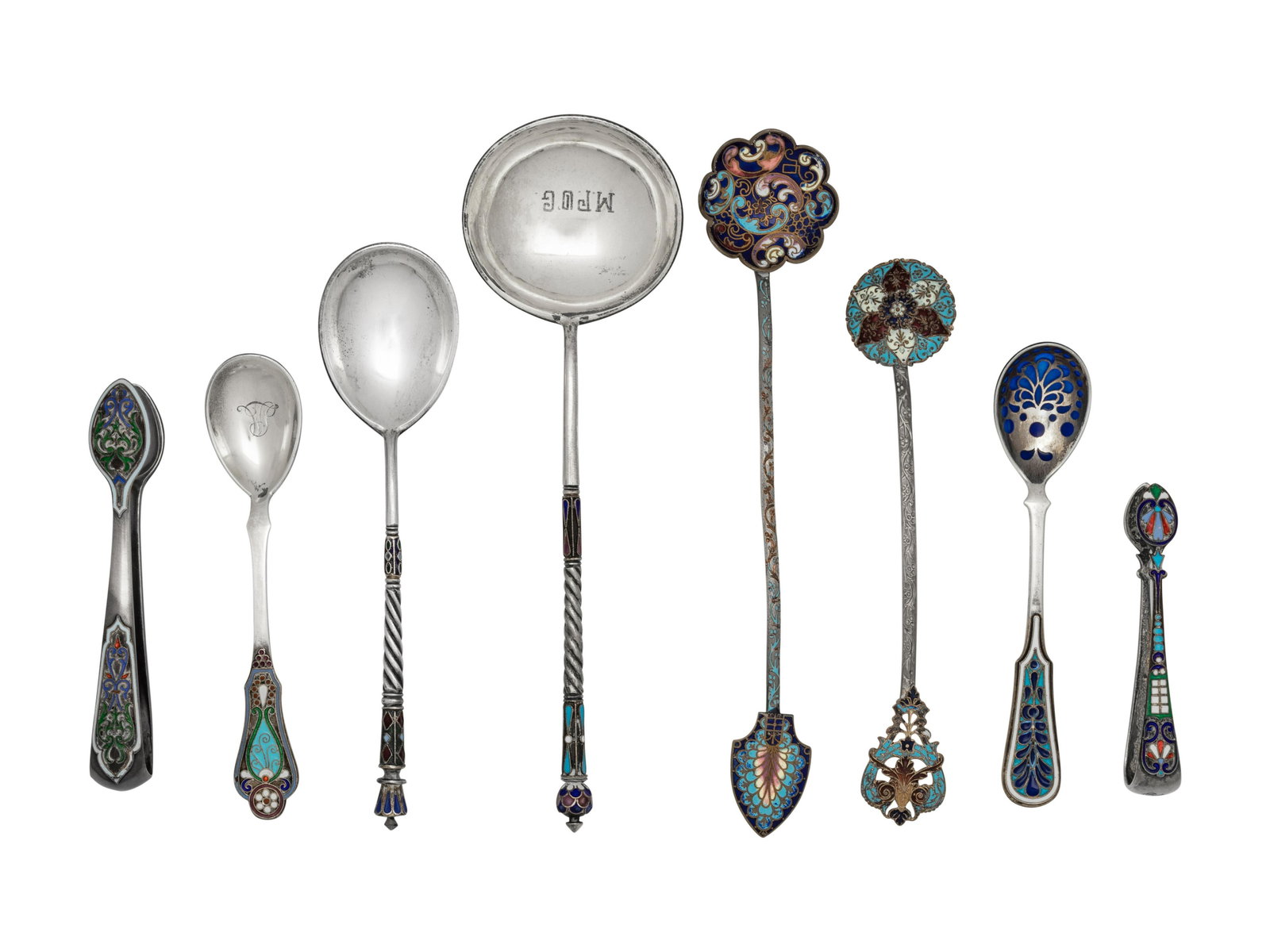 A Group of Six Russian Enameled Silver Flatware Articles (1 of 3)