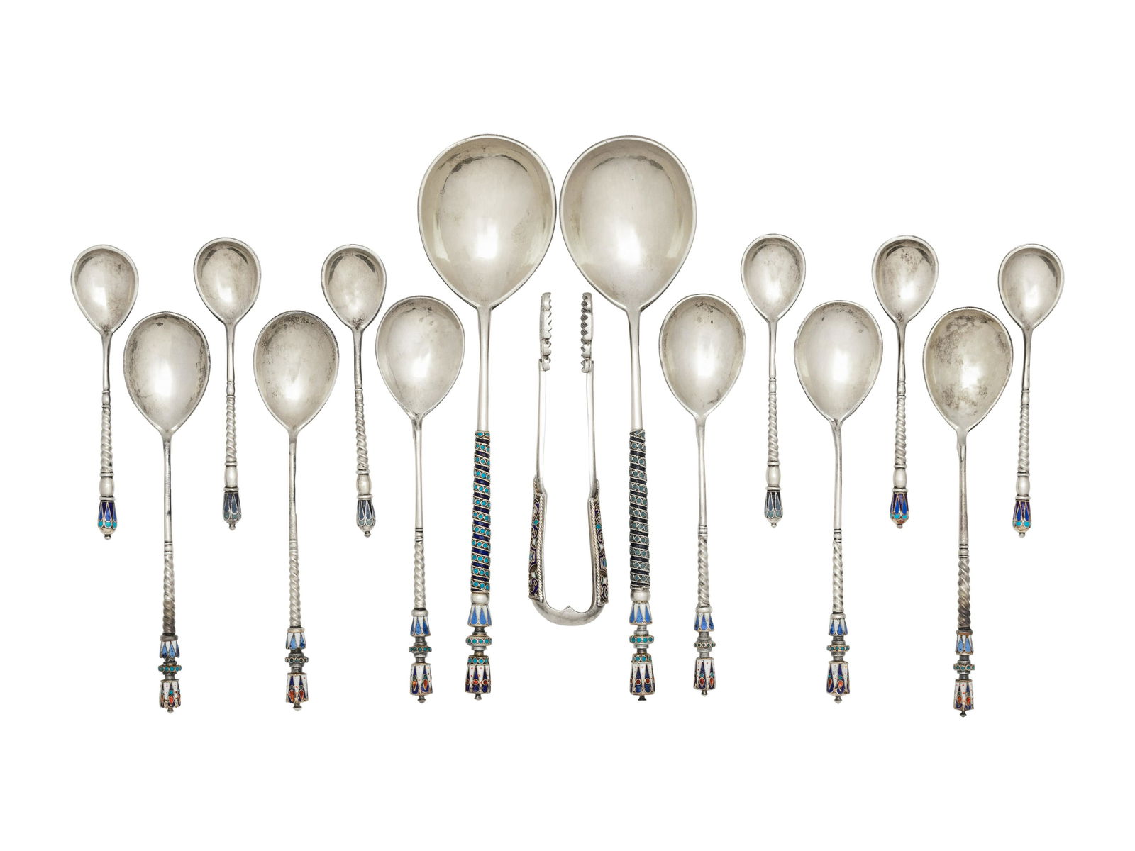 A Cased Russian Enameled Silver Spoon Set (1 of 4)