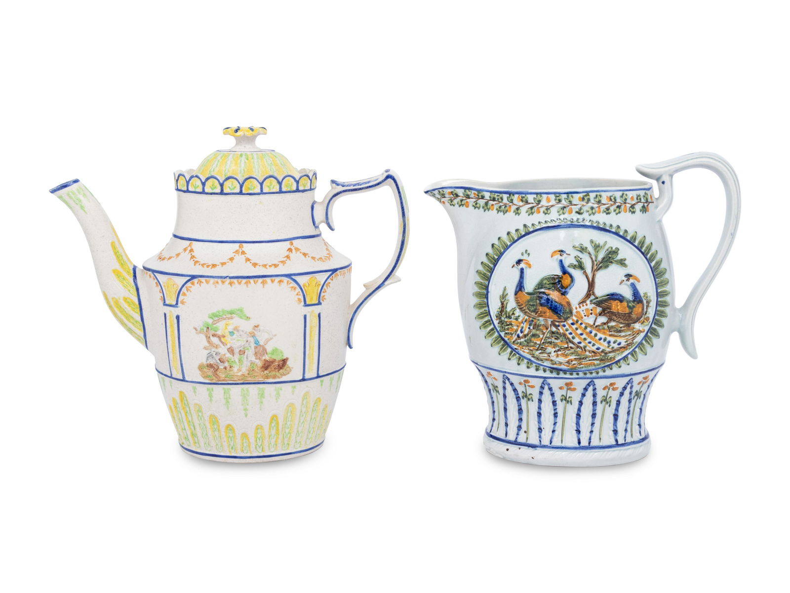 An English Prattware Pitcher and a Stoneware Coffee Pot (1 of 4)