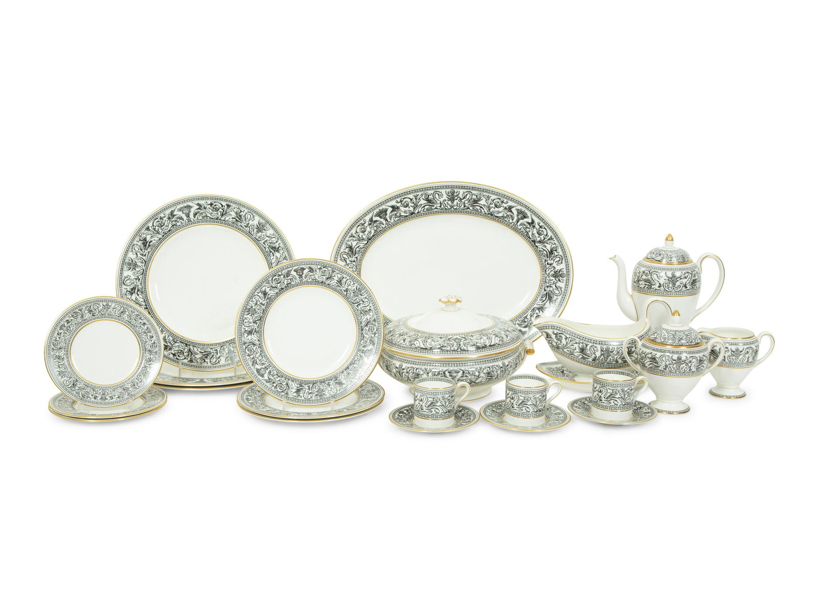 A Wedgwood Florentine Porcelain Dinner Service: A Wedgwood Florentine Porcelain Dinner Service 20th Century comprising: 8 dinner plates 8 salad plates 8 bread and butter plates 6 coffee cups 6 saucers 1 oval platter 1 covered serving bowl 1 gravy b