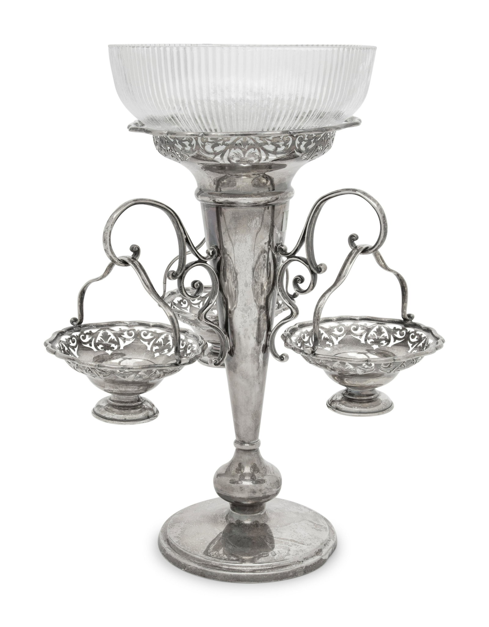 A Victorian Silver-Plate and Glass Epergne: A Victorian Silver-Plate and Glass Epergne Birmingham, England, First Half 20th Century the stand hallmarked and stamped '21741' to foot, each basket hallmarked to body Height overall 13 3/8 x diamete