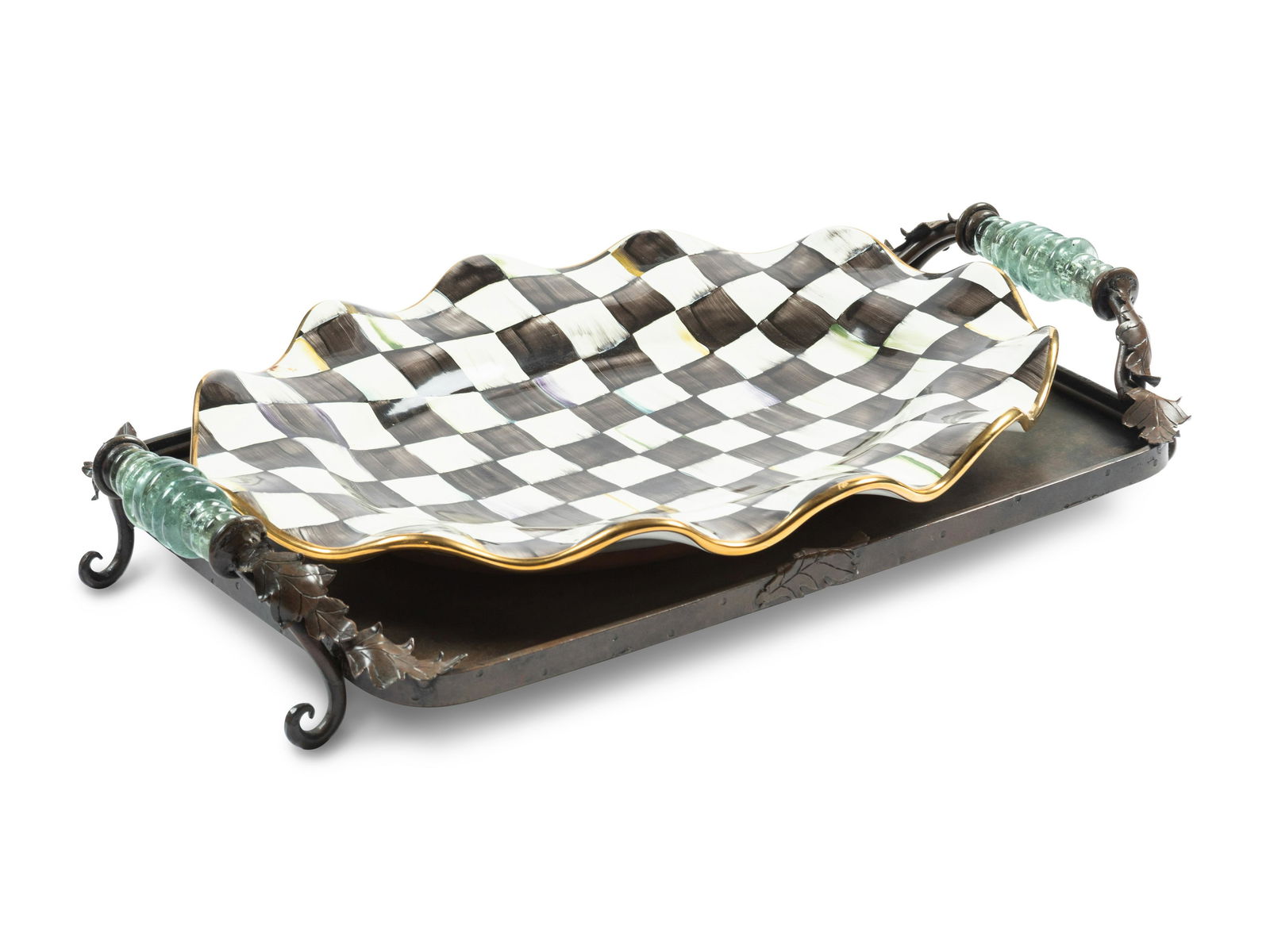 A MacKenzie-Childs Courtly Checked Ceramic Serving Platter and a Metal Serving Tray (1 of 4)