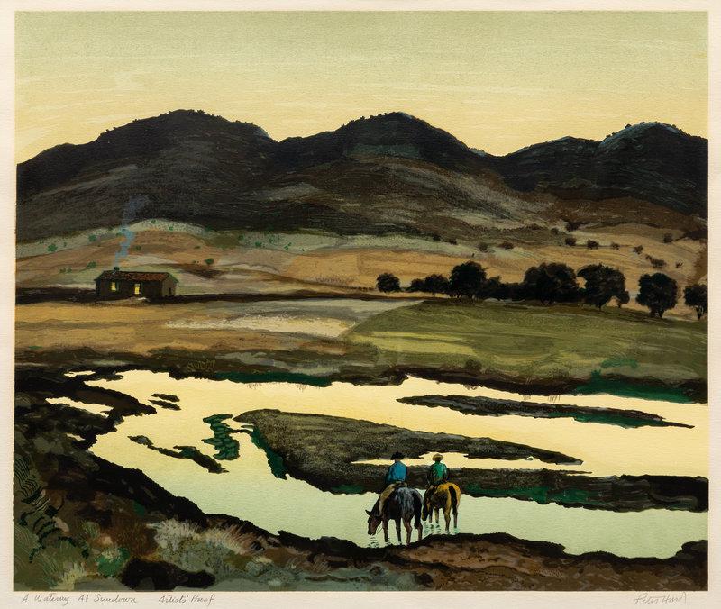 Peter Hurd (American, 1904-1984) A Watering At Sundown, Artist's Proof: Peter Hurd (American, 1904-1984) A Watering At Sundown, Artist's Proof lithograph signed Peter Hurd, titled and numbered (lower margin) 20 x 24 inches Property from the Collection of Ho
