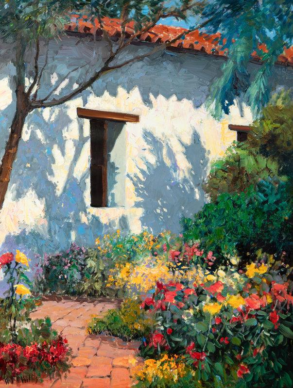 Kent Wallis (American, born 1945) Mission Shadows, 1996: Kent Wallis (American, born 1945) Mission Shadows, 1996 oil on canvas signed Kent R. Wallis (lower left); signed, titled and dated (verso) 40 x 30 inches Size