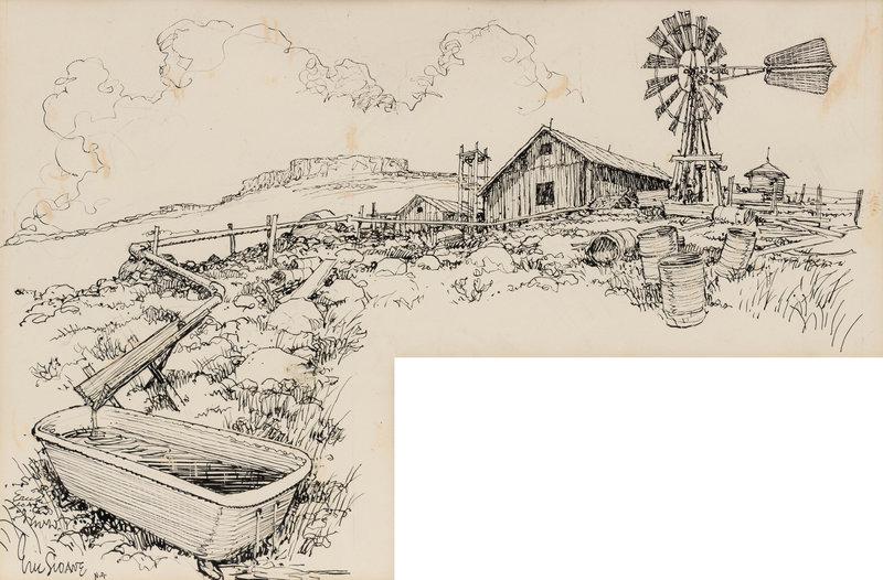 Eric Sloane (American, 1905-1985) Windmill and Bathtub: Eric Sloane (American, 1905-1985) Windmill and Bathtub ink on paper signed Eric Sloane (lower left) 12 1/2 x 18 1/2 inches This lot is located in Denver. Size