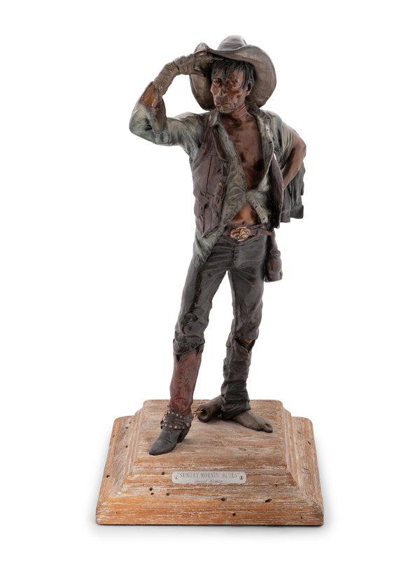 David Lemon (American, b. 1945) Sunday Mornin’ Blues, edition 20/30, 1988: David Lemon (American, b. 1945) Sunday Mornin’ Blues, edition 20/30 , 1988 bronze signed Lemon, numbered and dated (bottle behind left foot) height 16 1/2 x width 5 1/2 x depth 6 1/2 inc