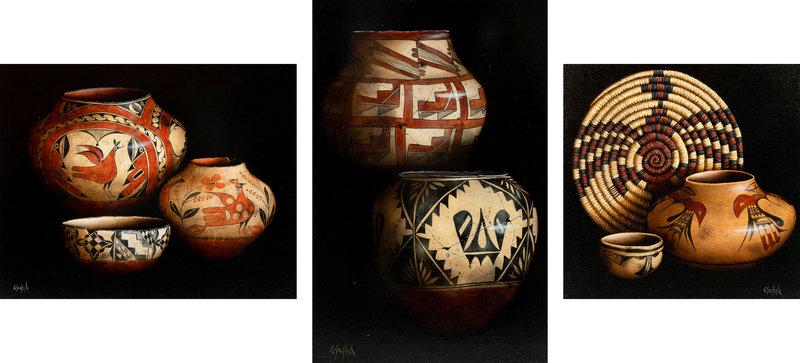 Greg English (American, 20th Century) Three Works: Three Pottery Jars, Basket Tray with Tw: Greg English (American, 20th Century) Three Works: Three Pottery Jars, Basket Tray with Two Jars and Two Pottery Jars oil on board each signed G. English firs