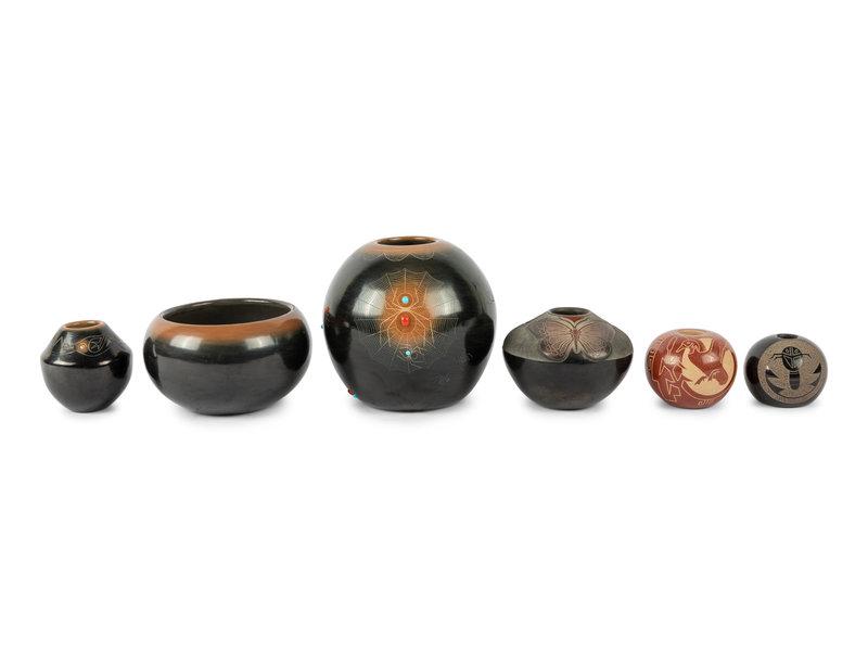 Collection of Miniature Pueblo Pottery: Collection of Miniature Pueblo Pottery lot of 6, includes:black and sienna jar; - signed TP - height 2 3/4 x diameter 4 1/2 inchesBarbara Gonzales (San Ildefonso,