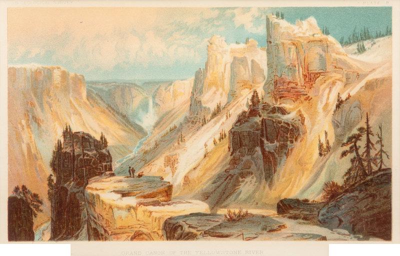 Thomas Moran (American, 1837-1926): Thomas Moran(American, 1837-1926) Four Works:Grand Canyon of the Yellowstone River, Plate B; Castle Geyser and Beautiful Spring, Upper Geyser Basin, Plate C; Pink Terraces, Mammoth Hot Sprin