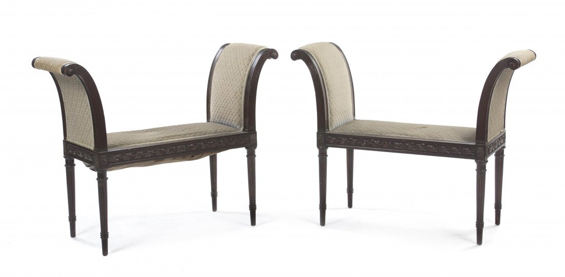 A Pair of Louis XVI Style Window Benches, Width 3: A Pair of Louis XVI Style Window Benches, each having upholstered arms and seat, set within a carved frame, raised on tapering fluted legs. Width 39 inches. Property from the Leon Brown Trust, U.S. Ba